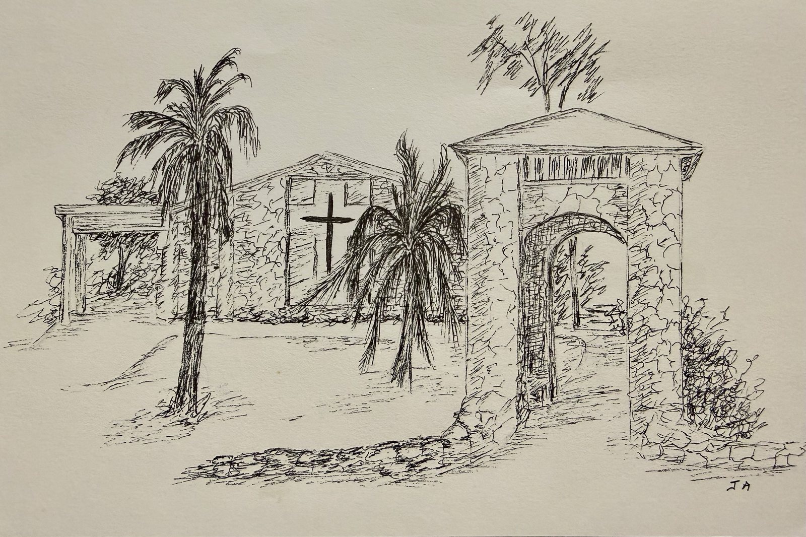Pen-and-ink drawing of Big Pine United Methodist Church, showing the sanctuary with its cross, palm trees and the coral-rock bell tower arch